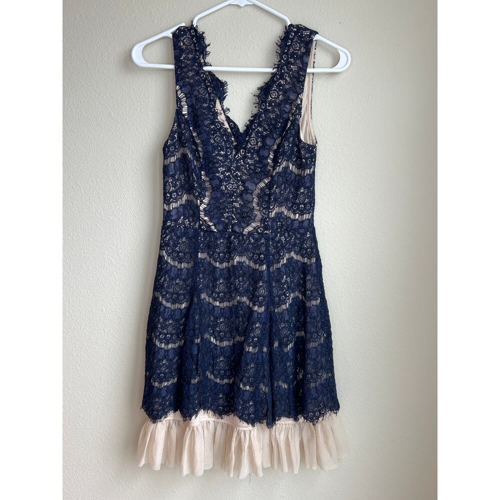 Trixxi Navy Lace Overlay Faux Illusion Cocktail-Prom-Wedding Guest-Dress Medium